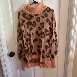 Pink and Brown Cowl Neck Sweater with Animal Print
